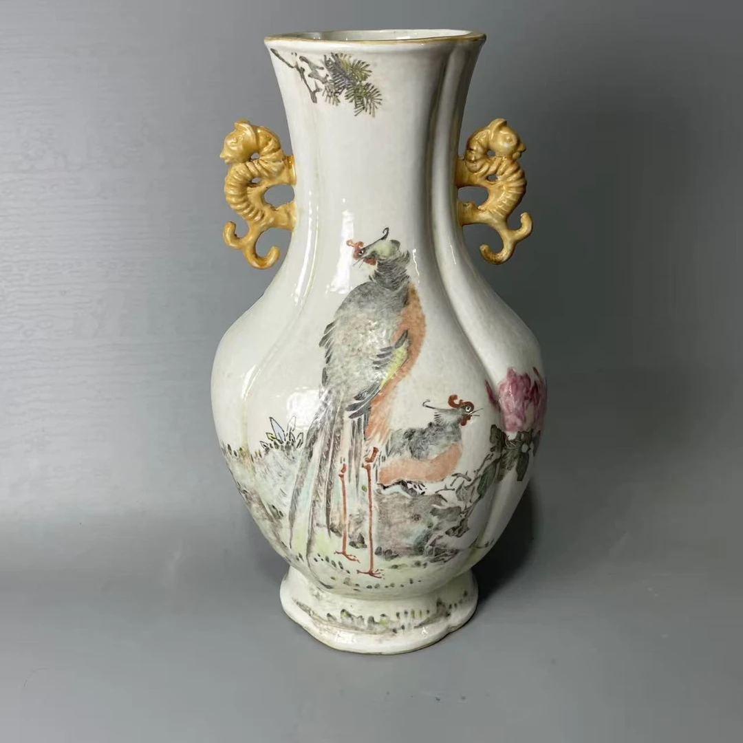 浅绛彩人物山水花鸟海棠双耳尊