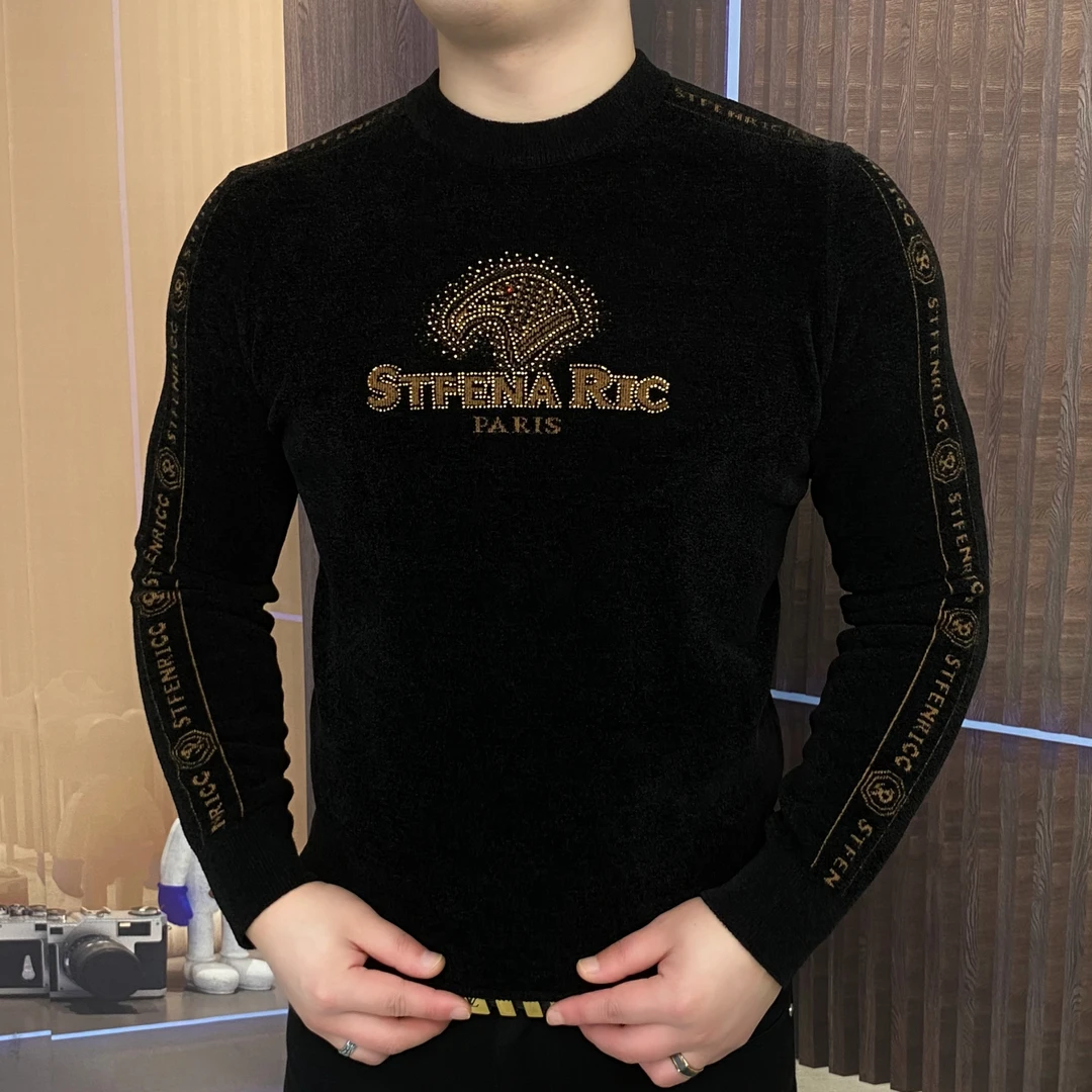 冬季针织天鹅绒男士长袖时尚潮流加绒修身加厚保暖圆领半CLY-70