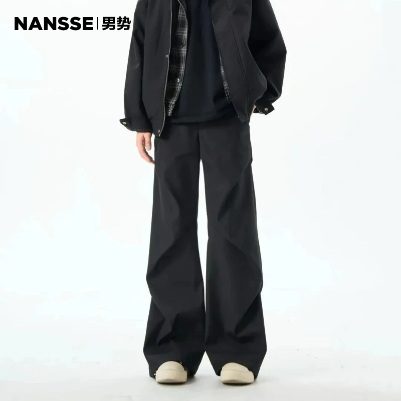 重磅复合TR面料高级设计感褶皱微喇西裤男款休闲cleanfit阔腿长裤