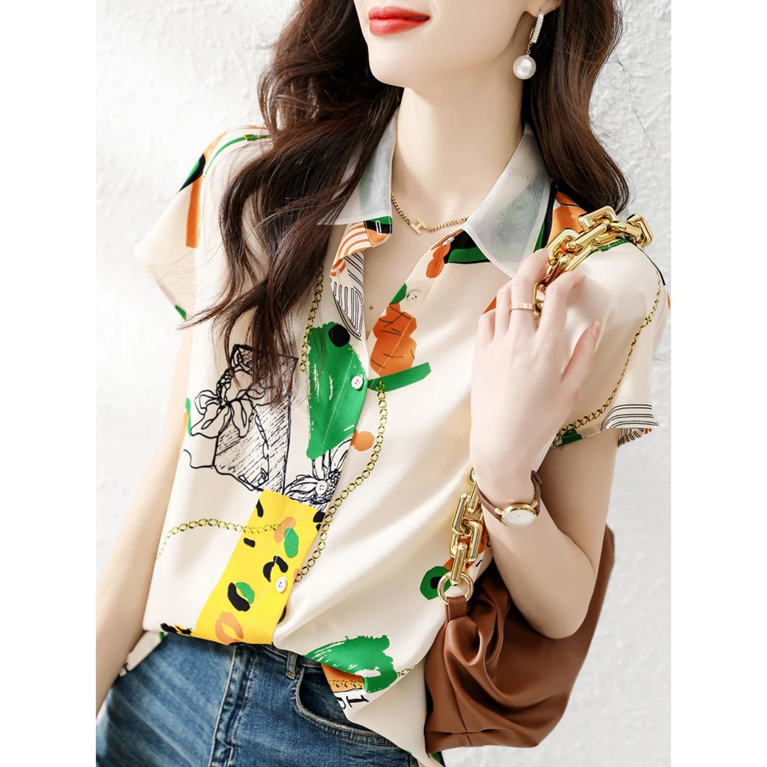 港味复古碎花翻领衬衫女夏季设计感小众别致高级感雪纺短袖薄上衣