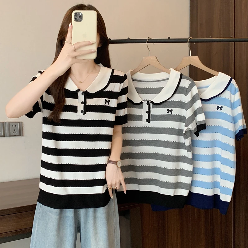 大码女装2025夏季新款百搭通勤娃娃领条纹显瘦套头款短袖上衣4178