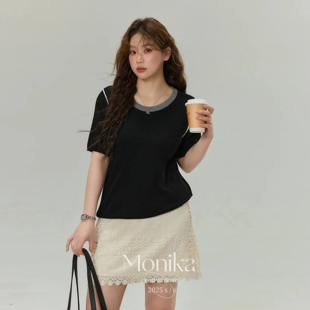 大码女装胖mm2025春夏装新款圆领拼色减龄短袖针织衫上衣L22820