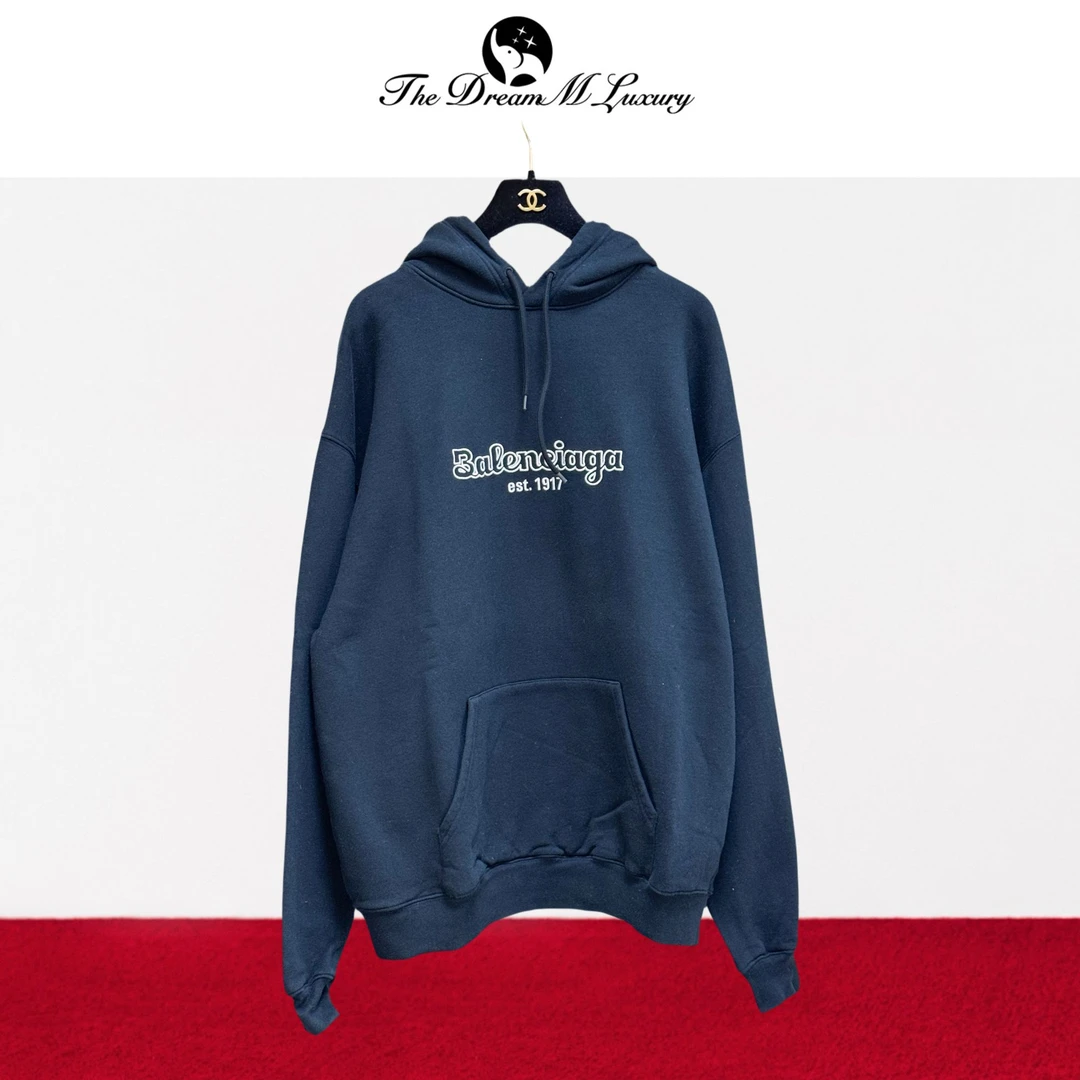 99新 Balenciaga/巴黎世家  L码深蓝色拼白色字母连帽加绒卫衣