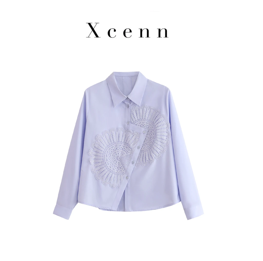 【李美丽专属】重工钩花蕾丝拼接不规则下摆长袖衬衫XC0A250215-QC