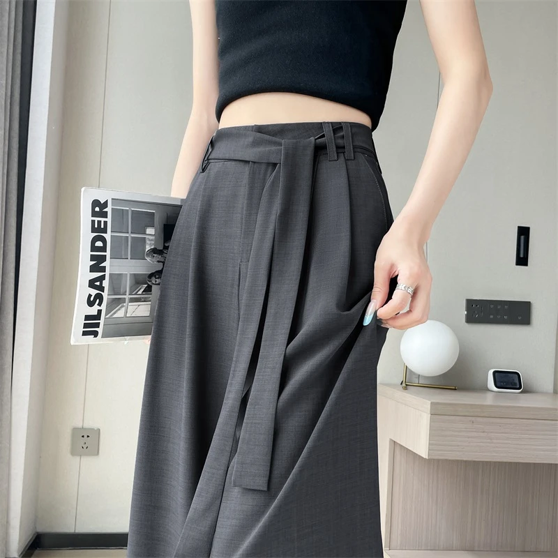 设计感绑带西装裤女2025秋冬季高腰显瘦休闲直筒垂感阔腿雪纺裤子
