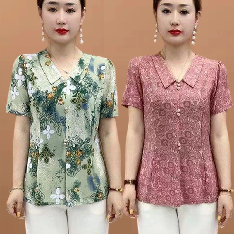 妈妈装新款娃娃领短袖轻薄小衫中老年女洋气百搭宽松显瘦T恤上衣