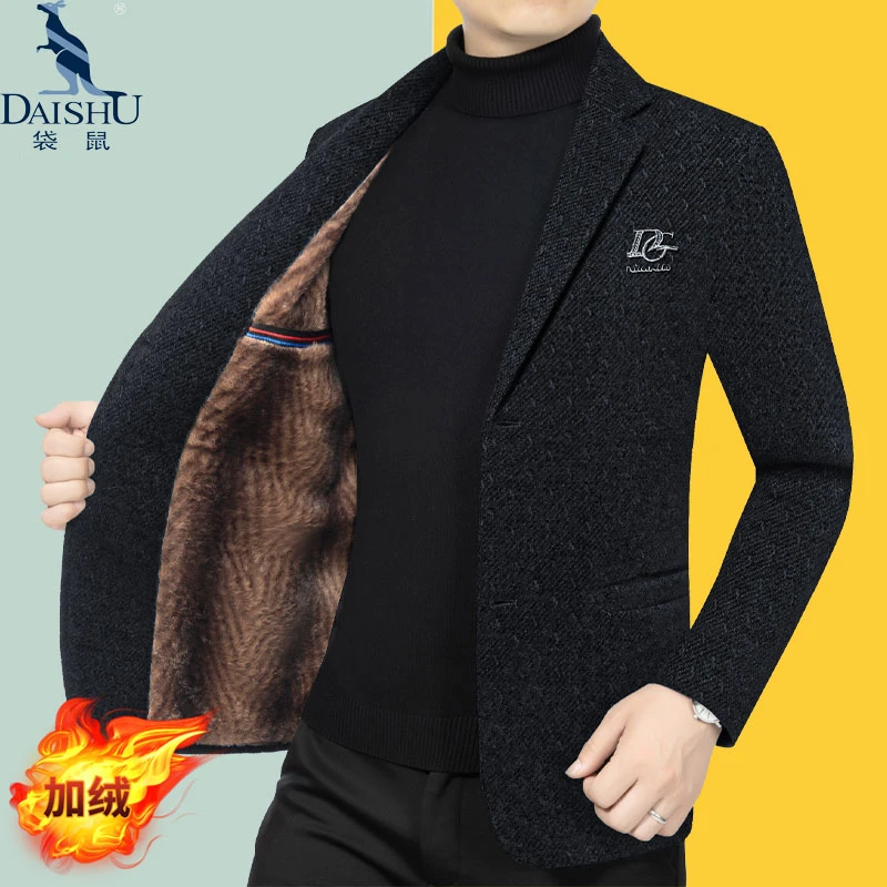 袋鼠秋冬款加绒加厚西装中年男士西服上衣免烫无痕保暖爸爸装上衣