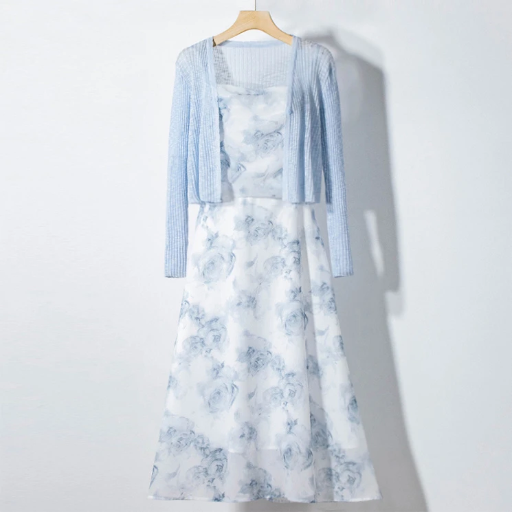 【5.4万人收藏】水墨画超仙雪纺扎染连衣裙2023新款两件套露腰法式