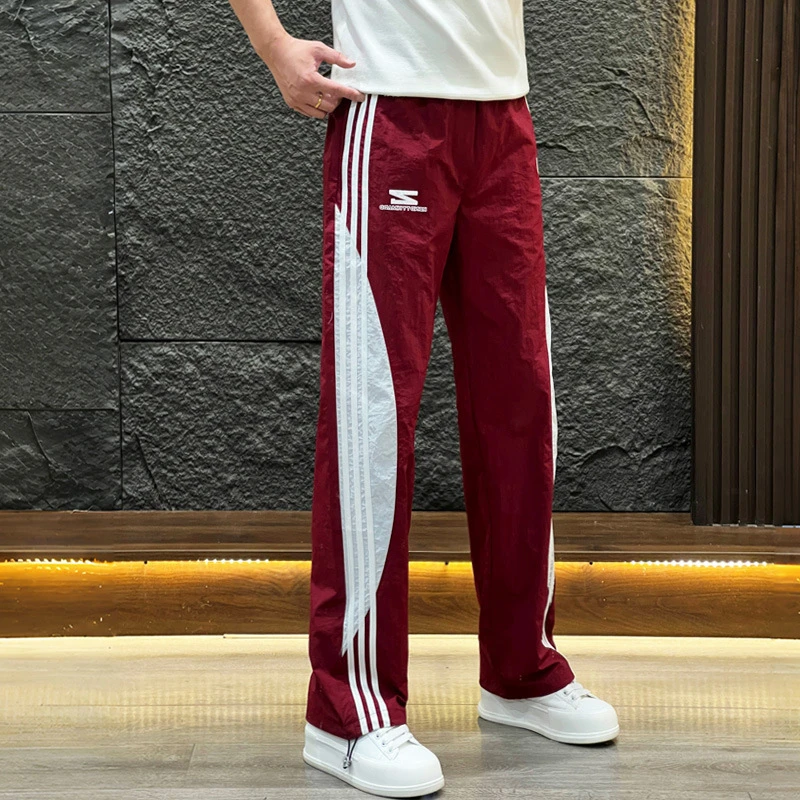 男士百搭休闲裤美式潮流擦边条纹透气运动直筒裤舒适弹力阔腿裤