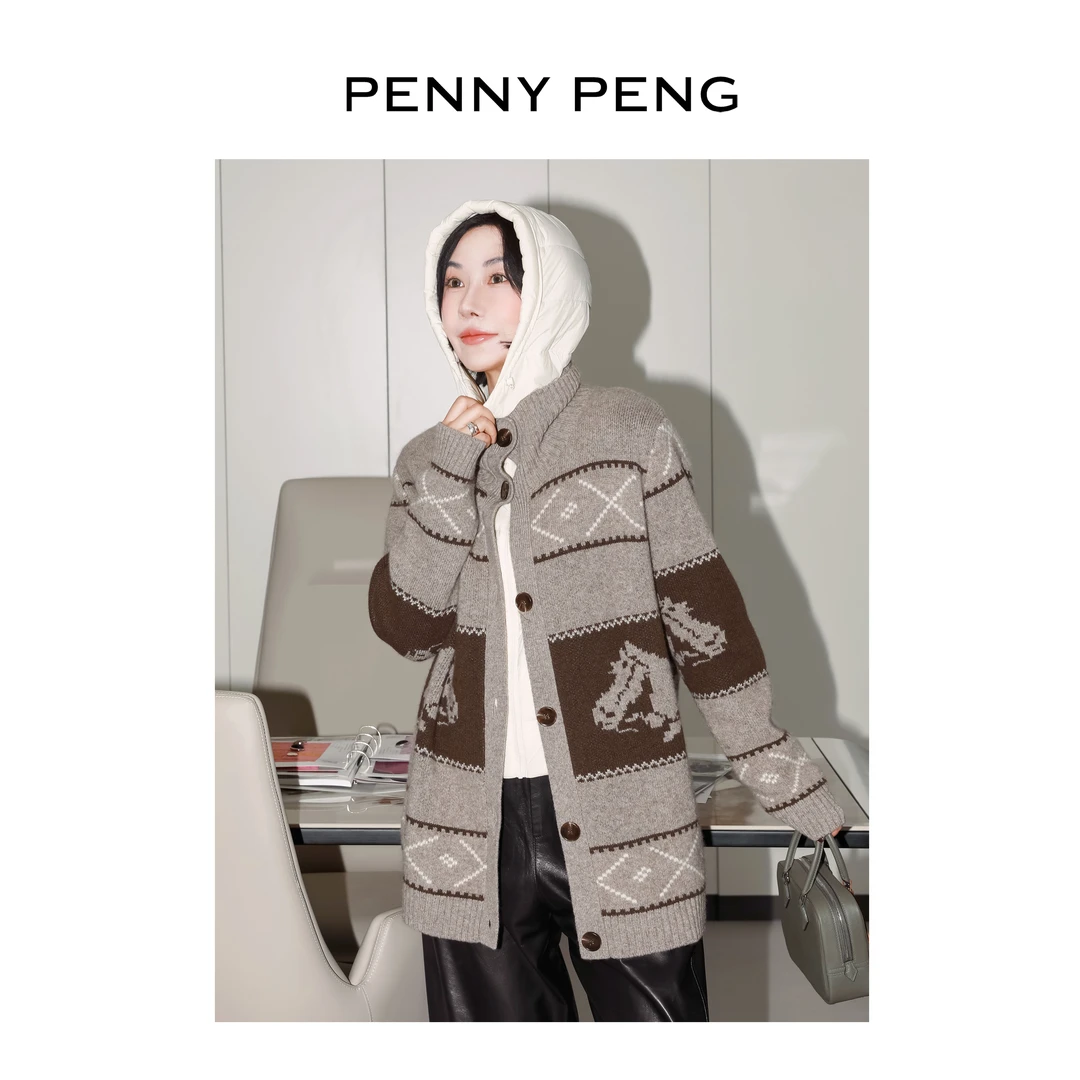 PENNYPENG荒野裁诗 牦牛绒提花开衫秋冬复古费尔岛慵懒风毛针织衫