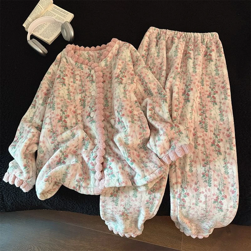 【星】秋冬加厚开衫毛绒可爱睡衣女可外穿家居服套装4137