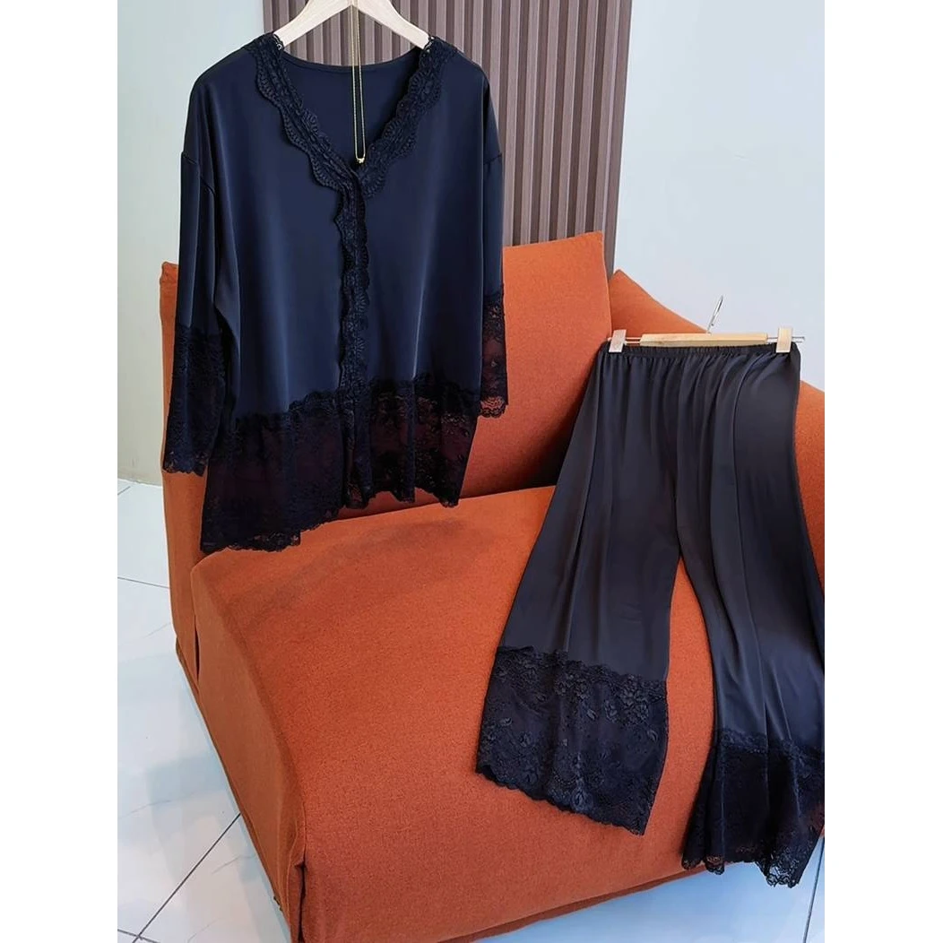 2025夏季薄款清爽透气简约气质两件套蕾丝边家居服套装
