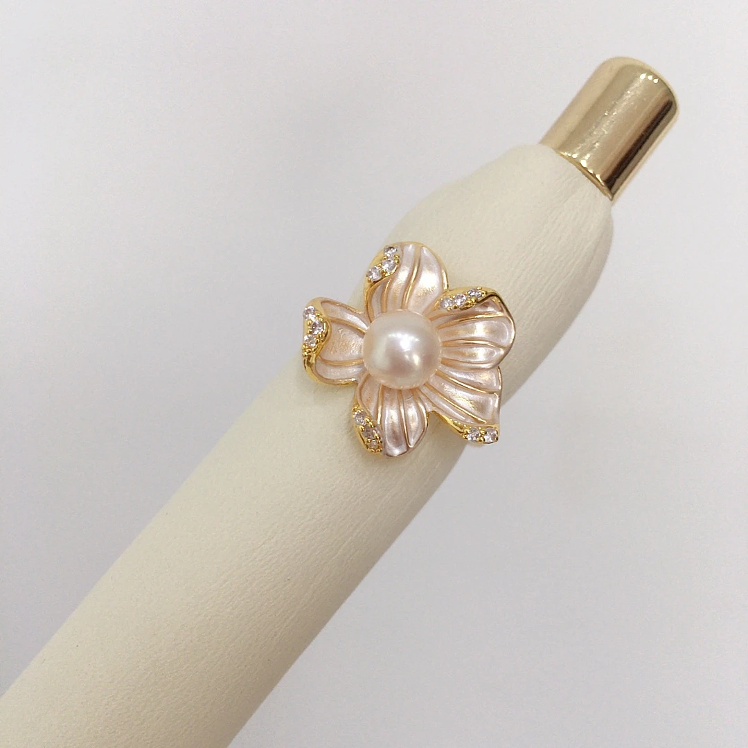 5A高亮天然淡水珍珠戒指18K真金电镀磨砂花朵戒指