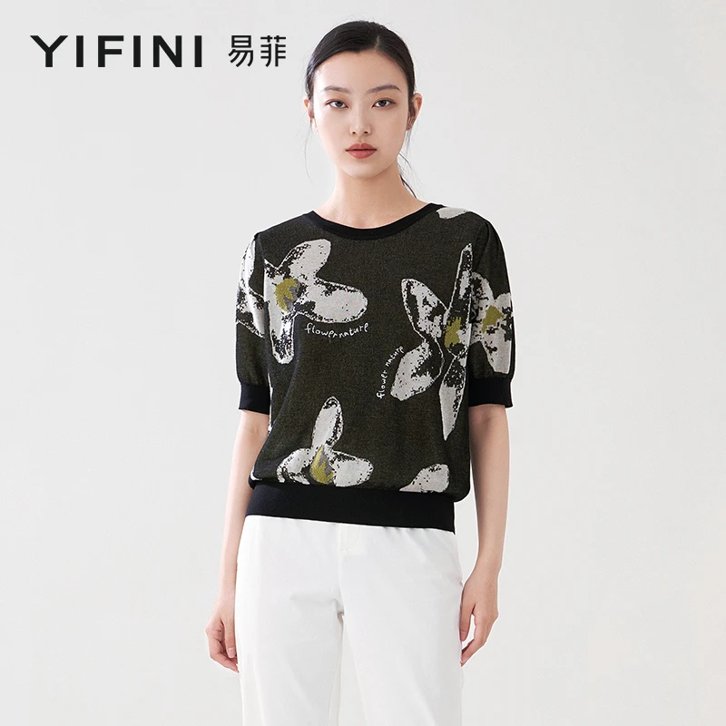 【Yifini】专柜同款圆领字母绣花宽松H型短款毛衫B05M6004