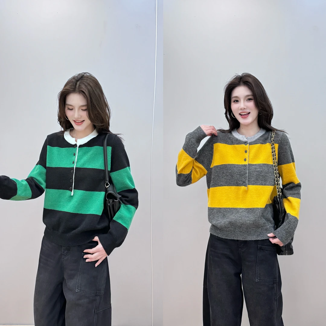 【L.P.L meng】极简条纹半开襟长袖针织衫上衣