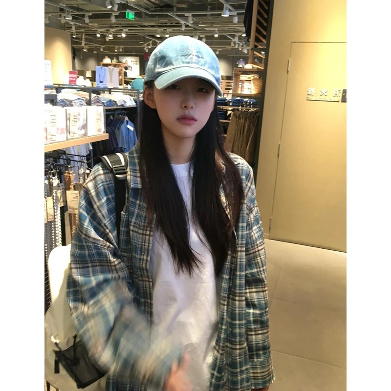 2025新款春季蓝色格子衬衫女叠穿宽松休闲防晒衣衬衣别致上衣外套