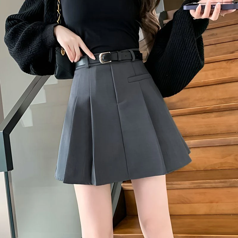 灰色西装半身裙女春秋2025新款小个子高腰显瘦防走光a字百褶短裙