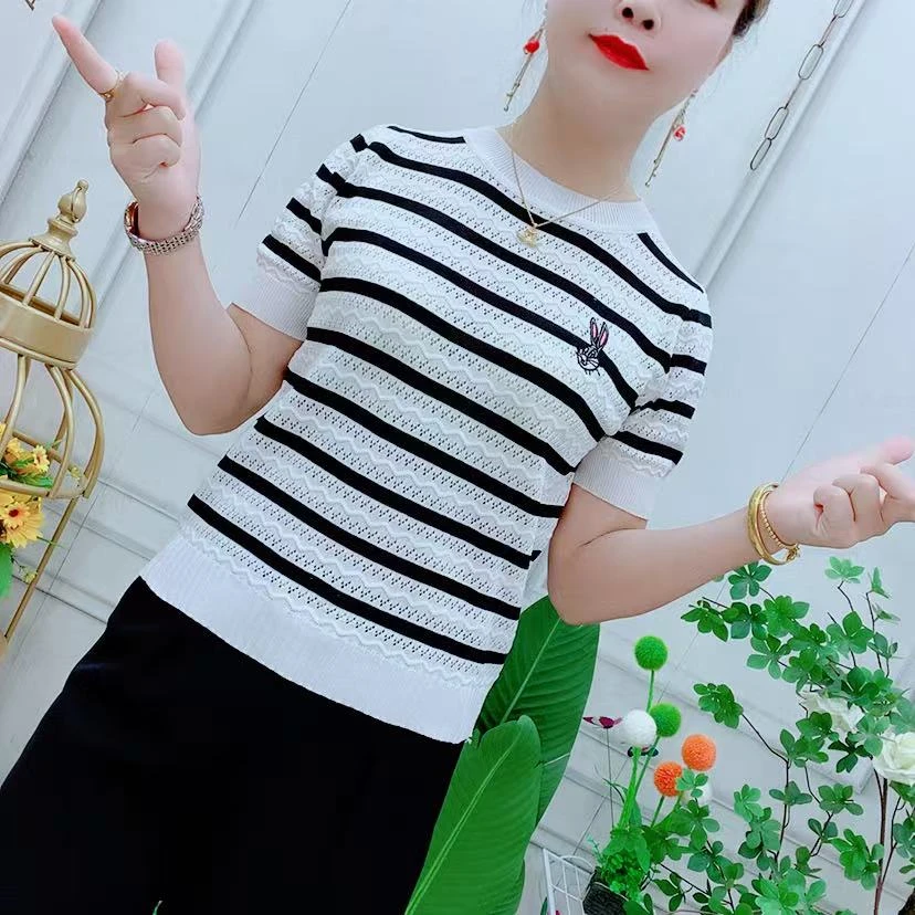 夏季针织镂空刺绣小个子短款修身显瘦短袖薄款T恤设计感小众上衣