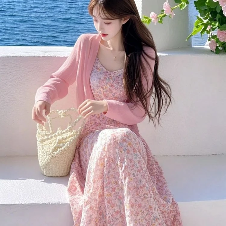 秋季韩系穿搭套装女2025新款温柔风开衫上衣搭碎花连衣裙两件套