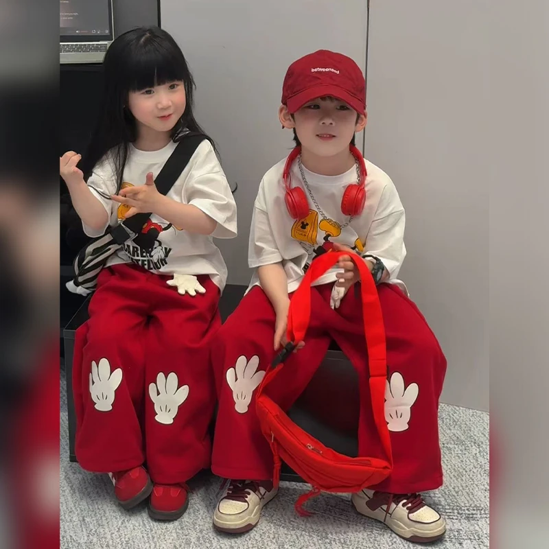 【兄妹装】儿童卡通春夏新款洋气卡短袖潮酷穿搭红色卫裤两件套潮
