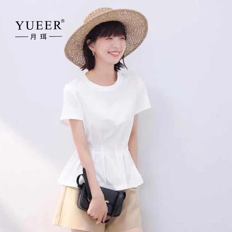 春夏季新款收腰显瘦减龄设计感腰部捏褶百搭纯色T恤修身白色