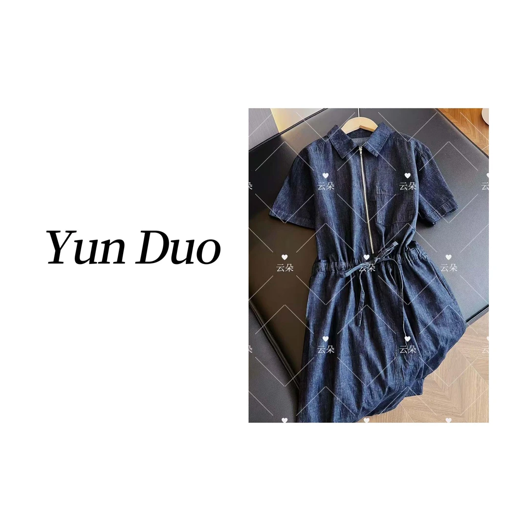云朵定制 半拉链深蓝色收腰牛仔连衣裙LB28