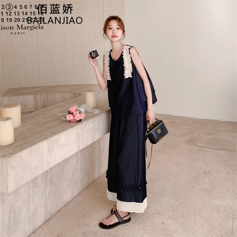 小香风蕾丝拼接牛仔背心阔腿裤套装女夏2025新款独特超好看两件套