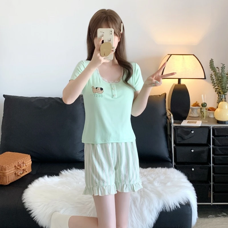 睡衣家居服莫代尔睡衣家居服学院风女薄款花边显瘦女卡通小狗女