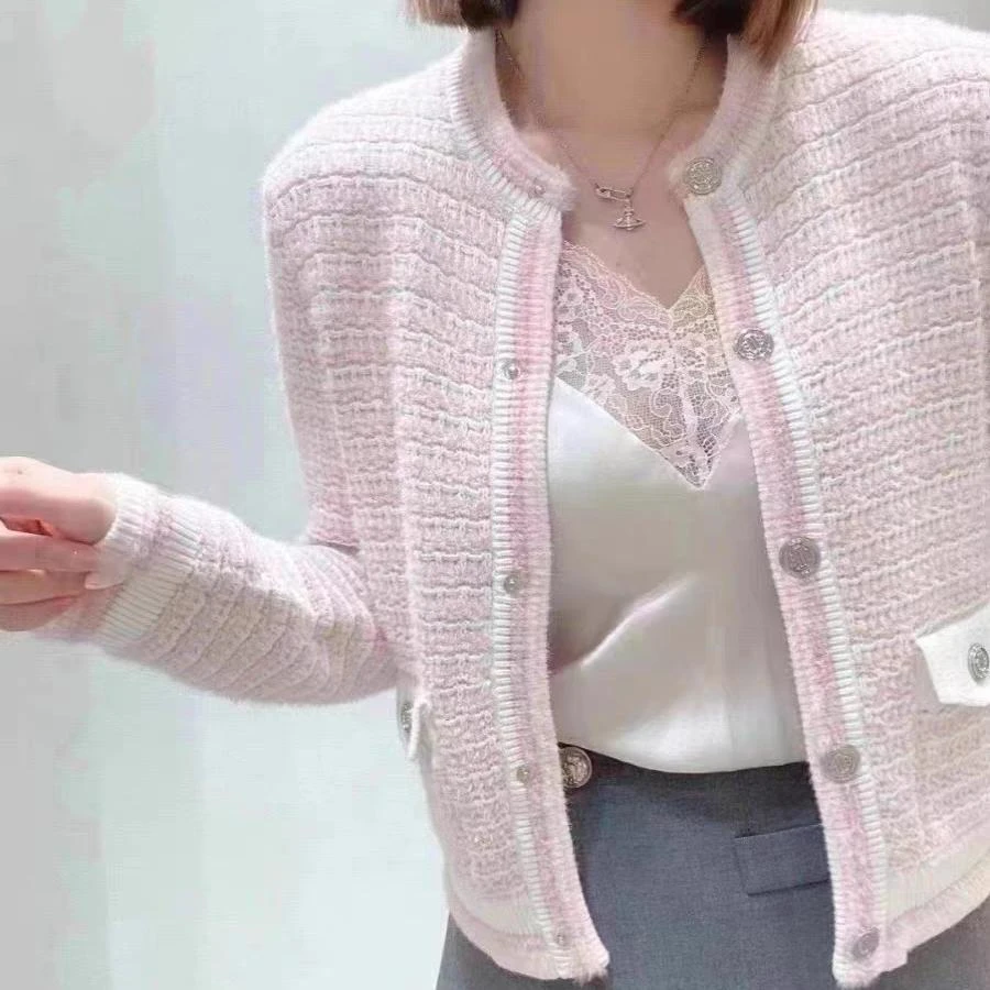 春秋 法式甜美粉色 小香风 针织开衫 外套15A