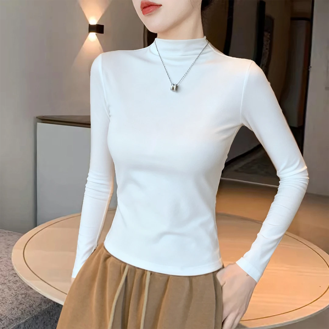 白色长袖半高领打底衫女秋冬内搭修身磨毛加绒高级感洋气保暖上衣