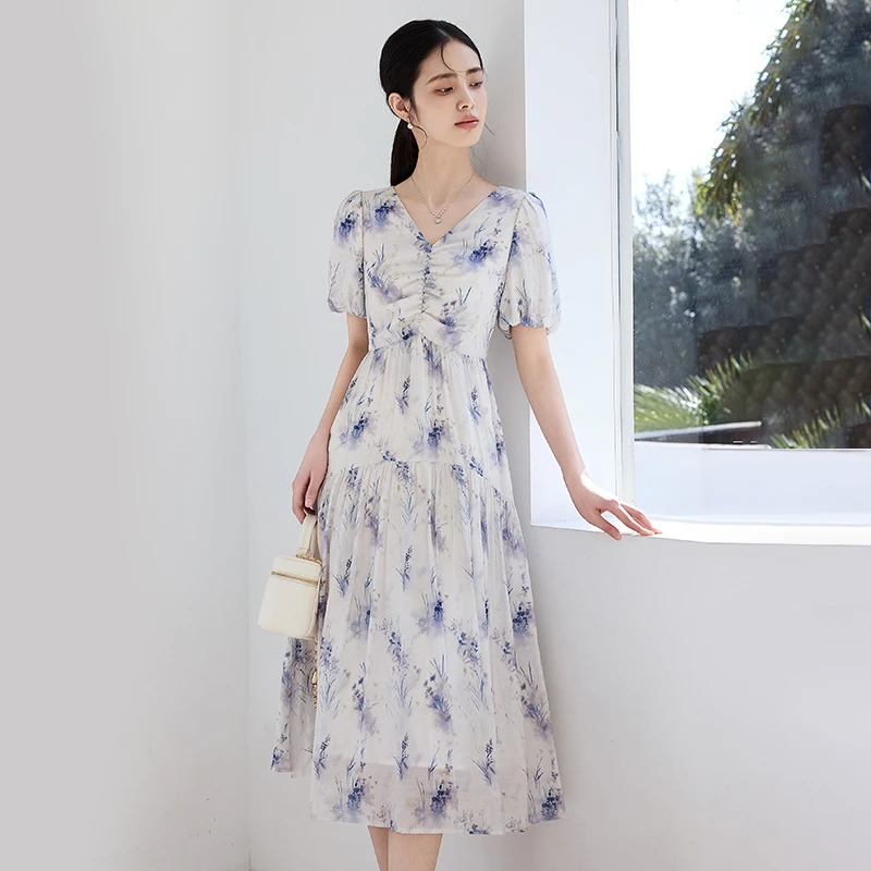 连衣裙夏季轻职风园艺风连衣裙时尚法式印花夏装修身60205