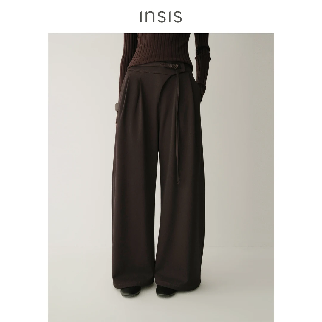 INSISFEMME偏门襟腰带装饰弧形阔腿裤子女FN25422212