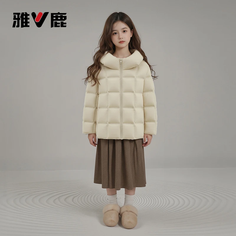 【90】雅鹿女童纯色小格子加厚羽绒服保暖儿童冬季连帽防风立领秋冬