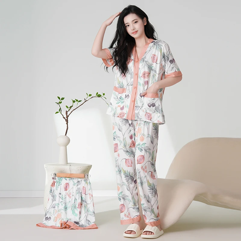 夏季柔弹睡衣三件套舒适亲肤家居服套装82171