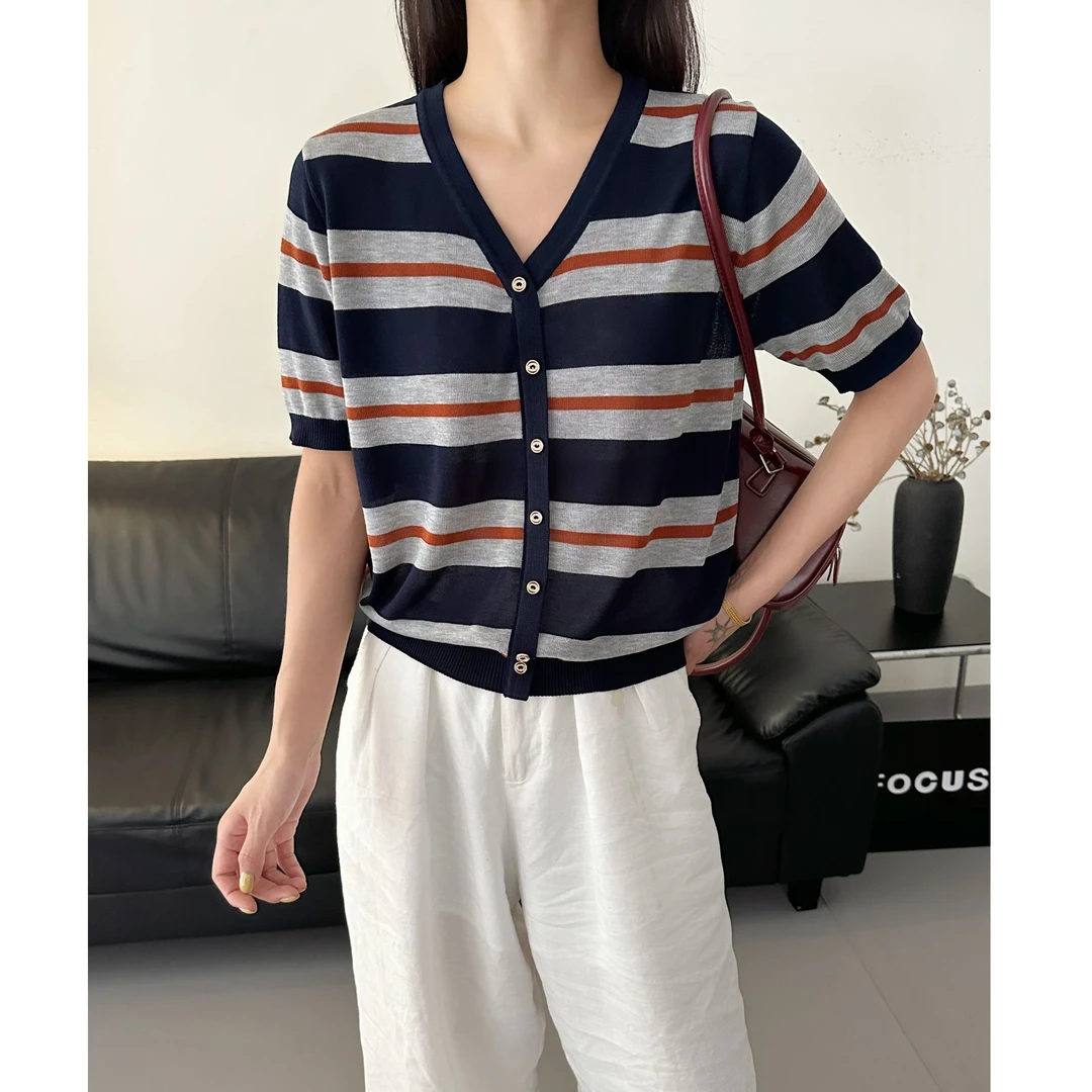 【鹿鹿专属】100莱赛尔天丝~夏款撞色条纹V领针织短袖女上衣