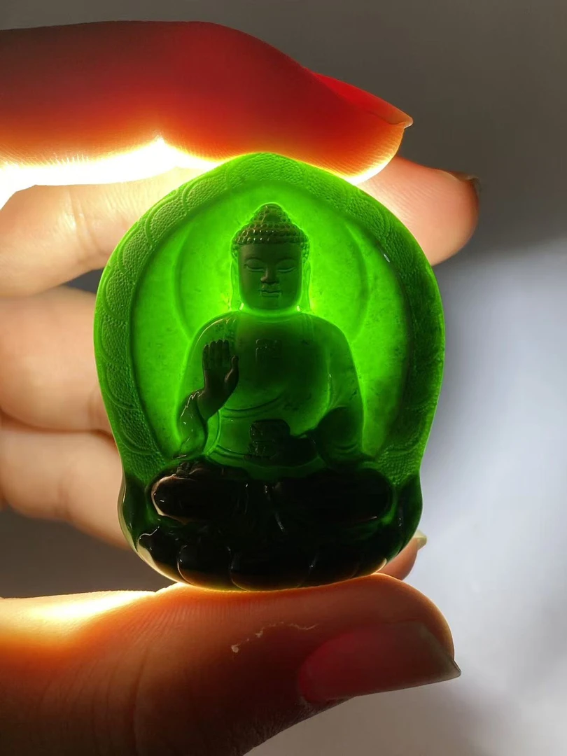 娜年翠玉 翡翠缅甸a货墨翠 守护神阿弥陀佛 高冰种老坑 黑度极黑