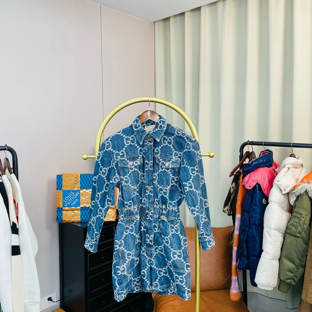 99新 GUCCI/古驰 满印蓝色牛仔连体裤 38码/99新