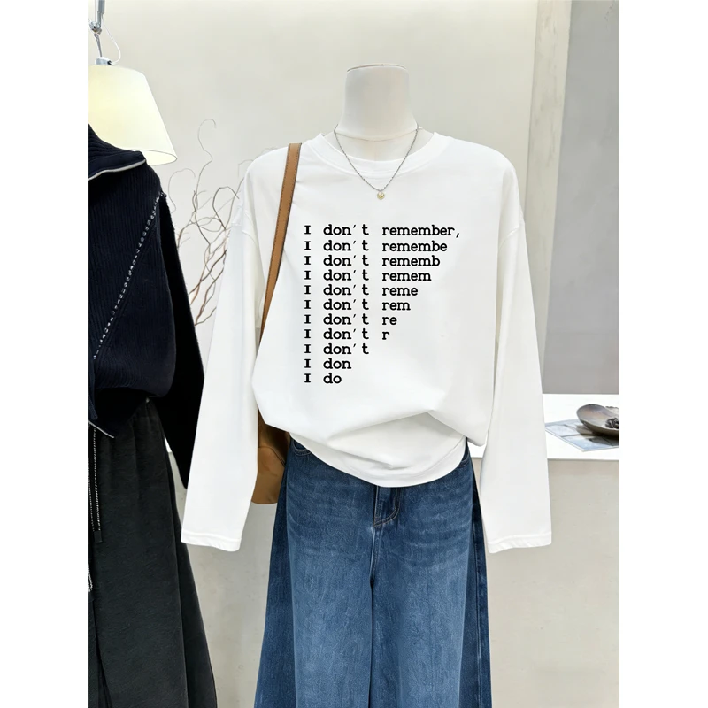 白色字母印花长袖t恤女秋冬季韩版宽松大码纯棉打底衫圆领上衣服