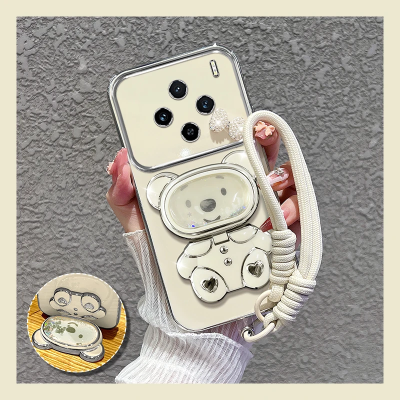 适用【vivox100s/pro】手机壳新款流沙熊镜子支架女蝴蝶结防摔硅胶