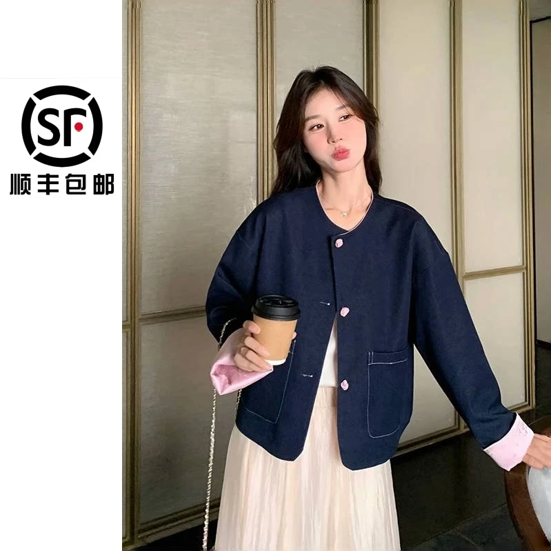 新中式国风牛仔+缎面两穿牛仔上衣外套春秋百搭国风女装气质外搭