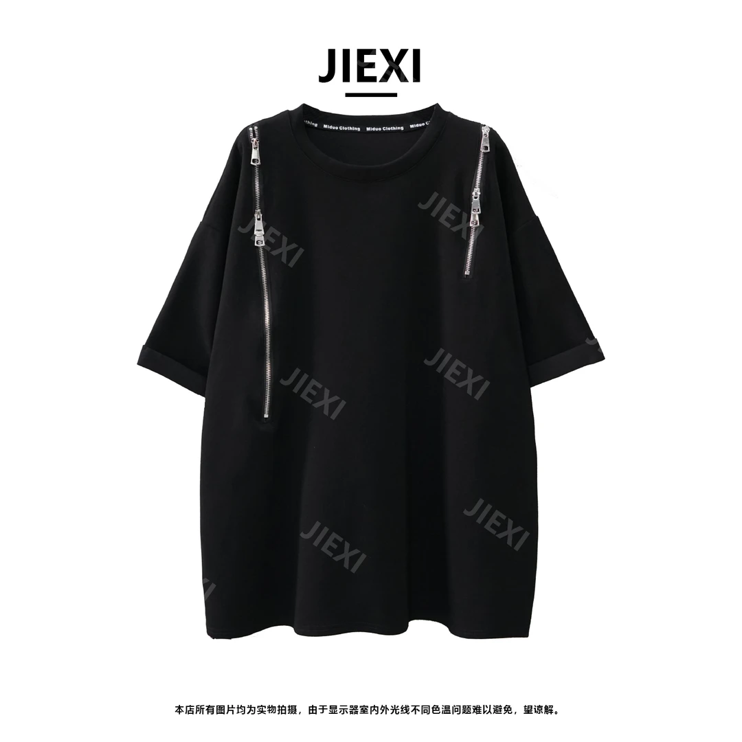 JIEXI设计师大版型韩版不规则拉链拼接宽松潮酷百搭短袖T恤jx7100
