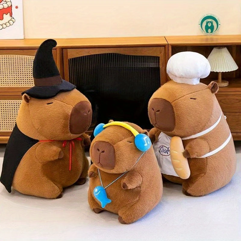 创意卡皮巴拉水豚公仔厨师魔法师戴耳机可爱毛绒玩具女生生日礼物