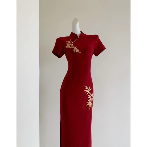 【竹韵红裳】新中式订婚结婚礼服女刺绣弹力旗袍修身中国风连衣裙