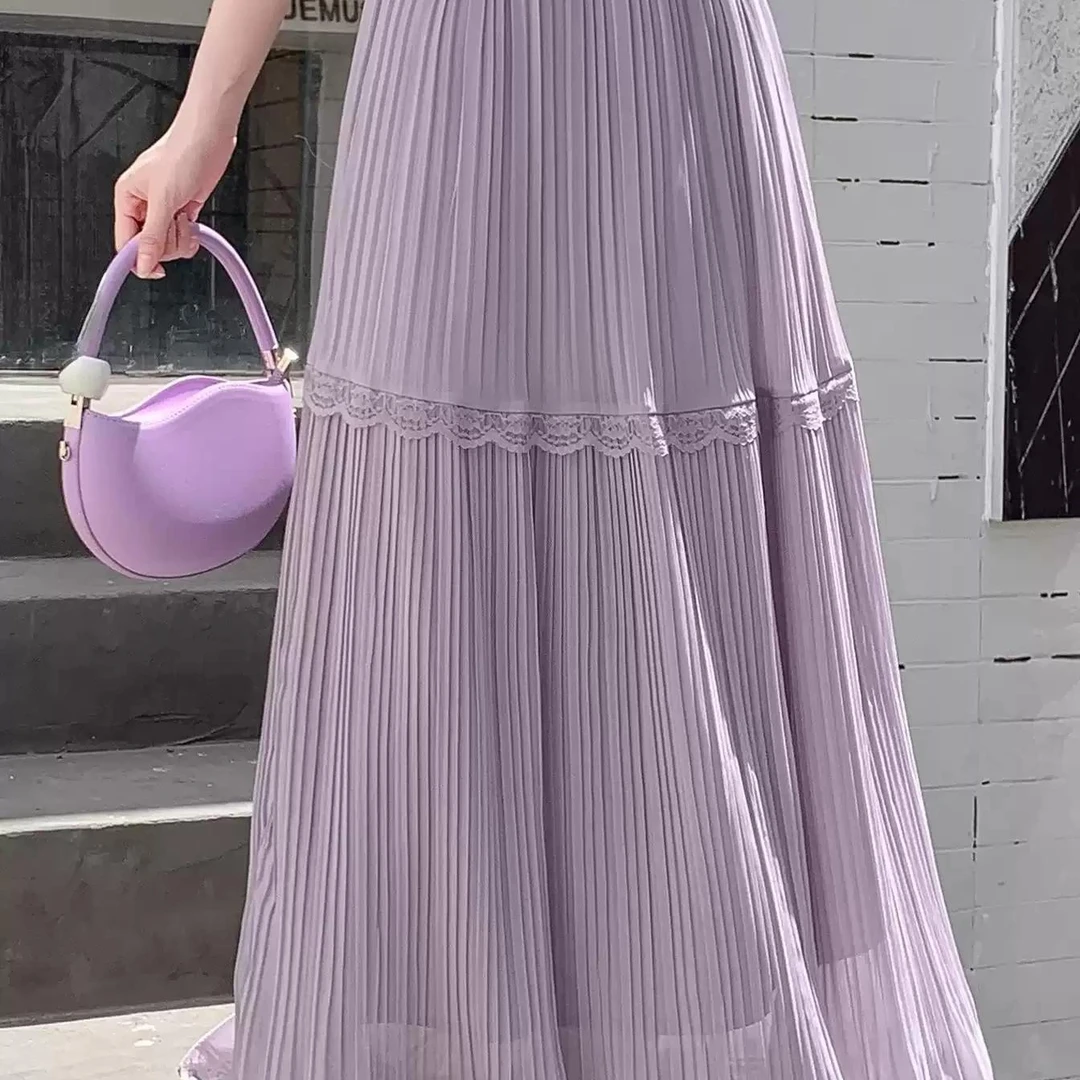 蕾丝花边雪纺半身裙女夏季高腰垂坠感压褶气质大摆a字百褶长裙子