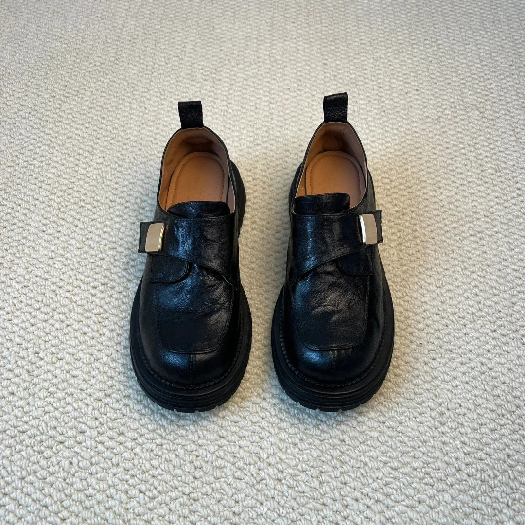 羊皮版!真皮厚底乐福鞋女英伦风一脚蹬单鞋魔术贴粗跟棕色小皮鞋