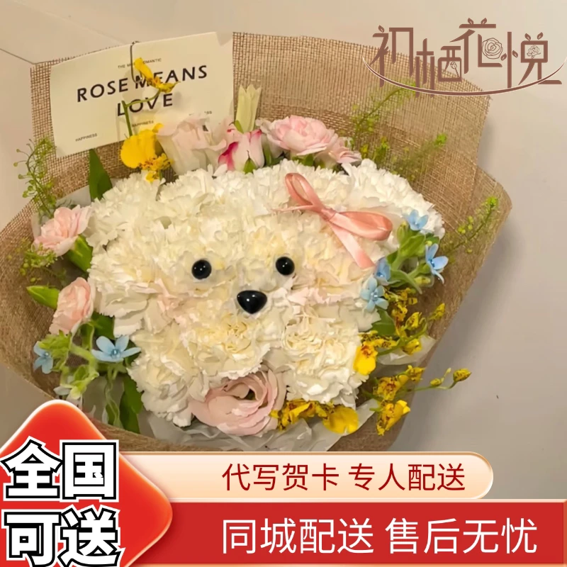 【全国可送】网红小狗白色康乃馨鲜花同城配送女友闺蜜生日见面礼物