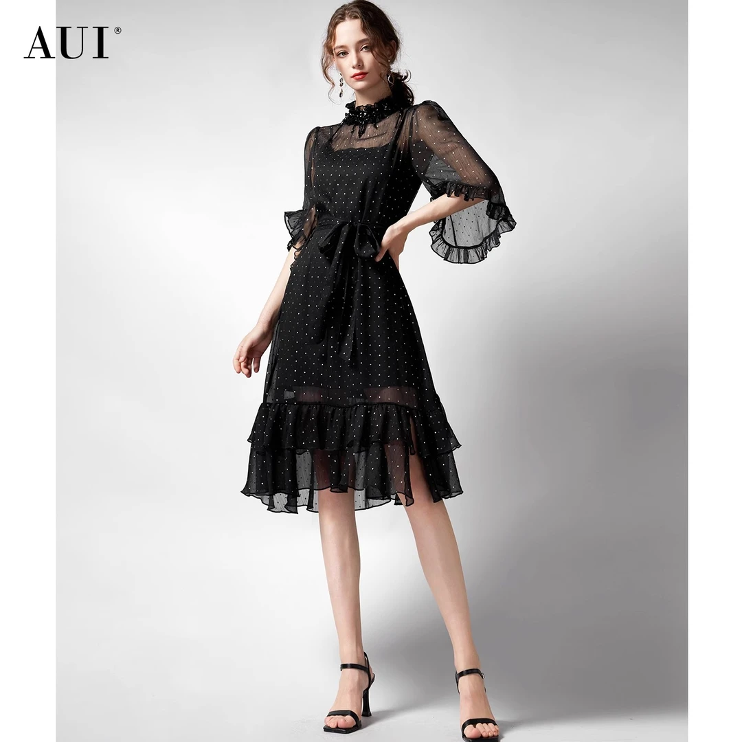 【媛媛女王专享】AUI黑色网纱连衣裙立领高腰显瘦中长裙-24X01450