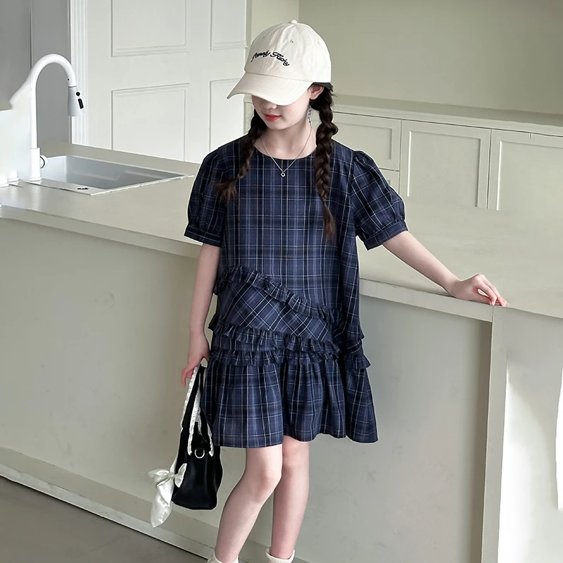 女童连衣裙韩版夏季2025新款大童夏季格纹格子学院风设计感连衣裙