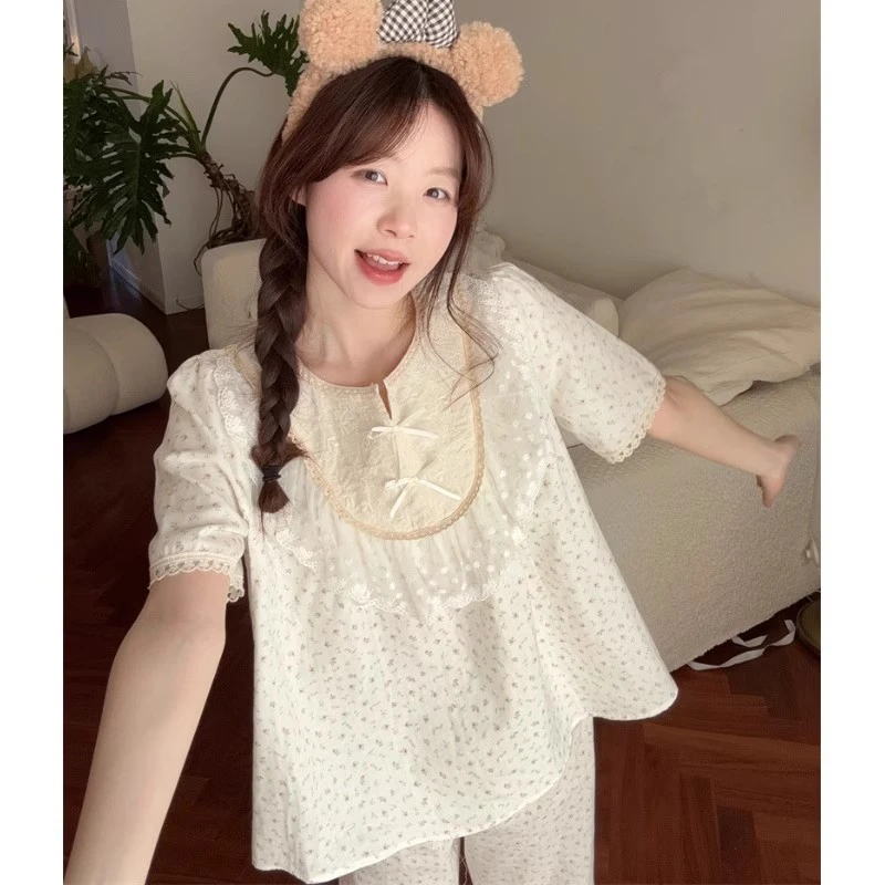 睡衣女春夏短袖长裤韩版甜美宫廷风蕾丝碎花纯棉纱布家居服套装薄