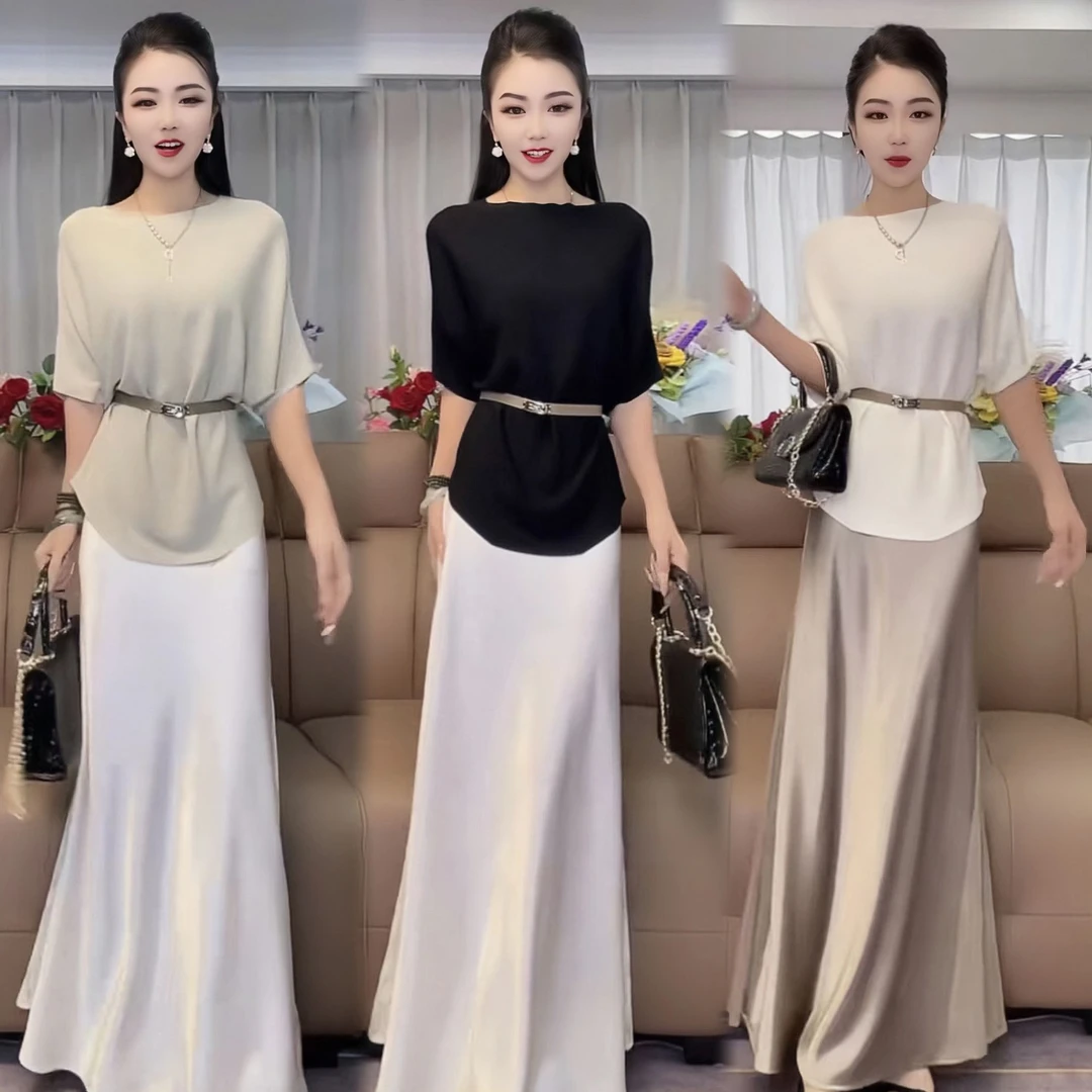 轻熟御姐穿搭套装2025新款夏高级感短袖上衣开叉半身裙两件套8808